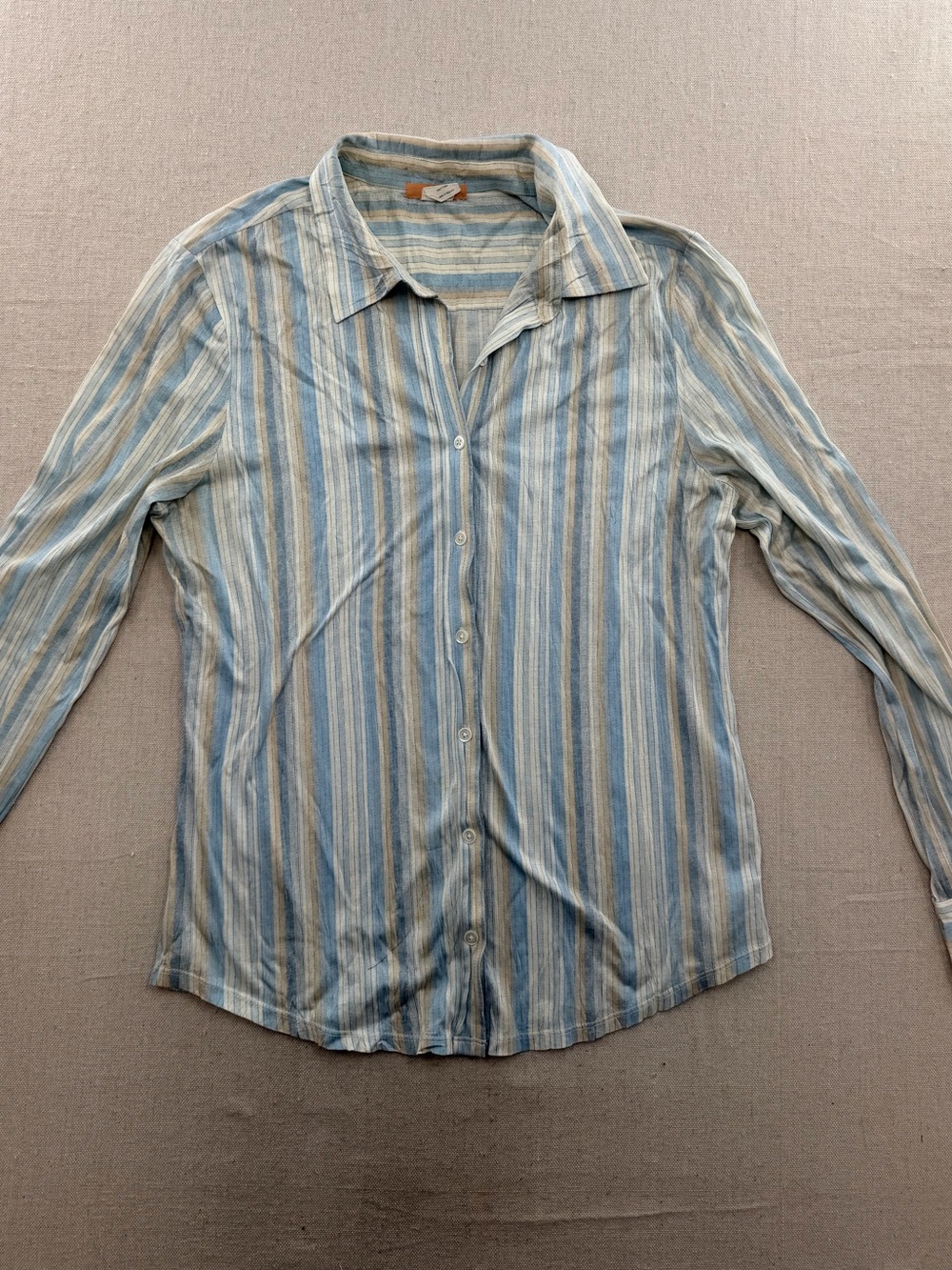Vintage J. Crew Light Blue and Beige Striped Casual Button-Down Shirt